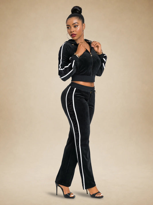 Black with Burnout Trim | Apple Bottoms - AHK-4247 - Velour Sweatpants Burnout Trim - 1