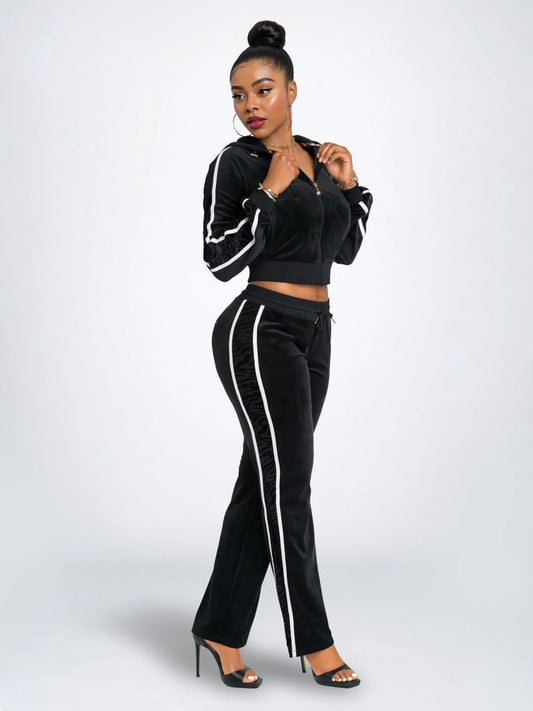 Black with Burnout Trim | Apple Bottoms - AHK-4247 - Velour Sweatpants Burnout Trim - 1