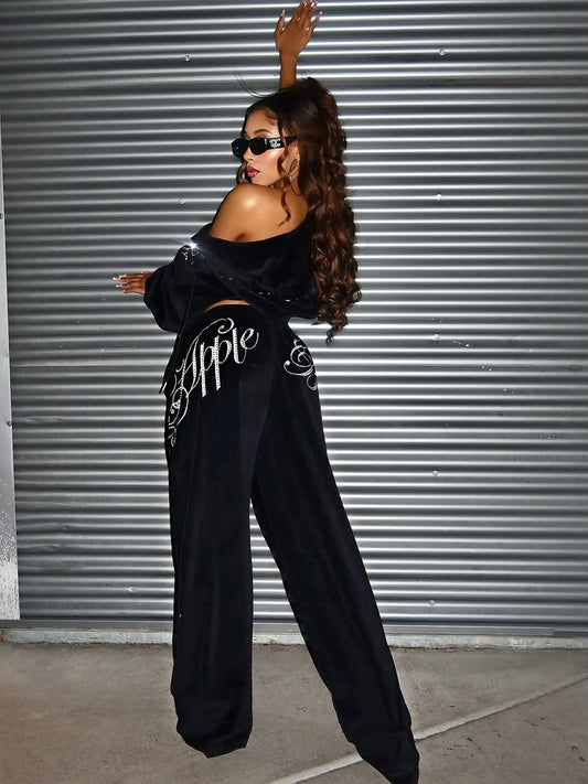 Apple Bottoms - Velour Wide Leg Track Pants - Black - UGC - 7
