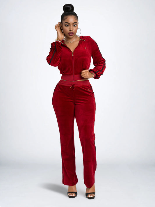Red with Burnout Trim | Apple Bottoms - AHK-4247 - Velour Sweatpants Burnout Trim - 1