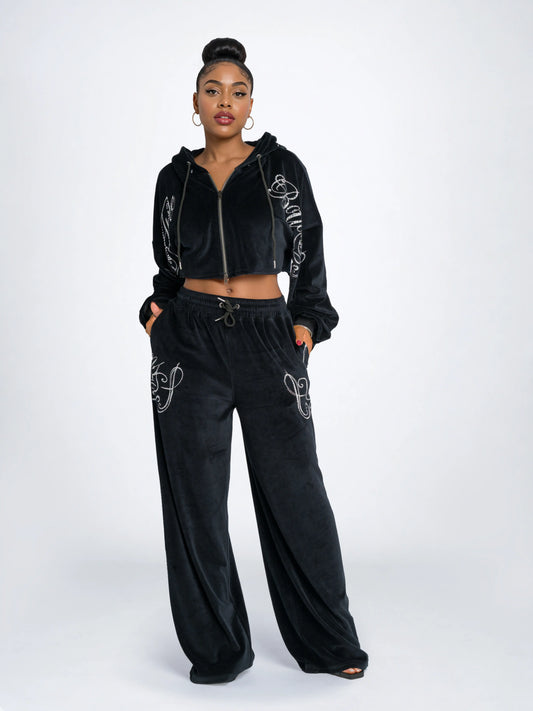 Black | Apple Bottoms -Velour Wide Leg Track Pants - Black - 1