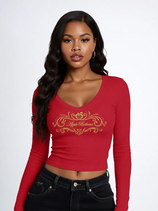 Apple Bottoms - AHK-4256 - V Neck Long Sleeve Ribbed Top - Red - 1