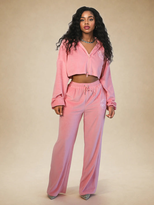 Pink | Apple Bottoms - AHK-4253 - Velour Wide Pants Pink - 1