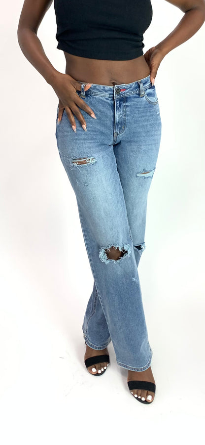 Forbidden Fit Straight Destructed Jeans - Medium Wash