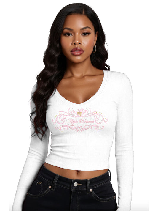 V-Neck Long Sleeve Ribbed Top - White
