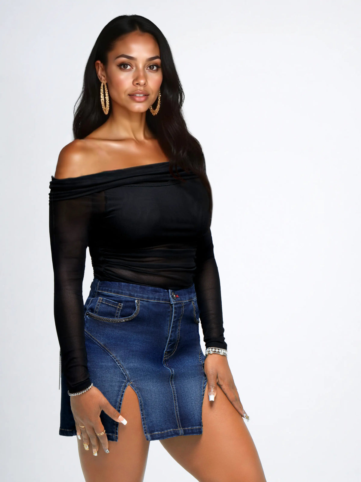 Black | Apple Bottoms - AFB-4146 - Off Shoulder Mesh Top - Black - 2