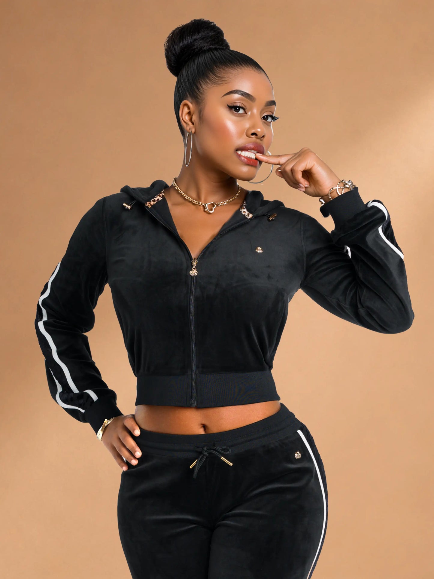 Black with Burnout Trim | Apple Bottoms - AHK-4246 - Velour Hooded Jacket - 1