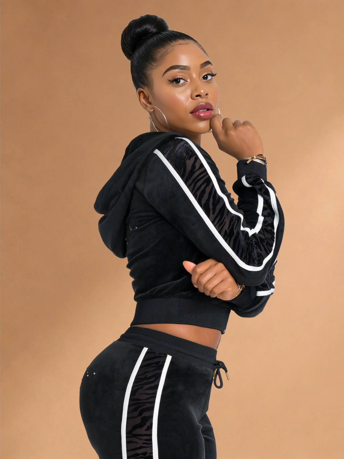 Black with Burnout Trim | Apple Bottoms - AHK-4246 - Velour Hooded Jacket - 2