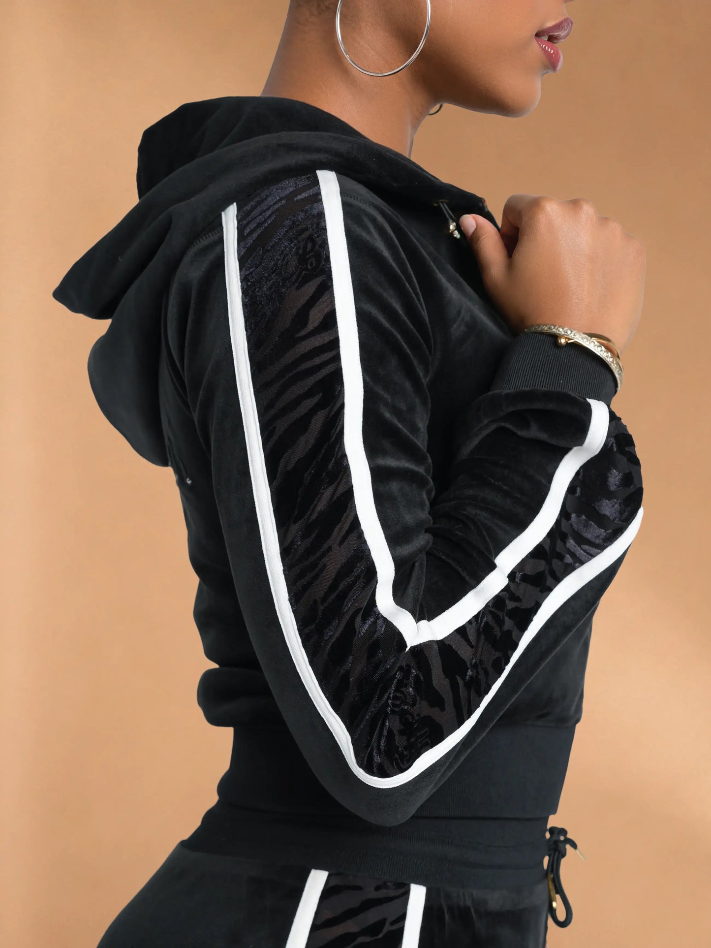 Black with Burnout Trim | Apple Bottoms - AHK-4246 - Velour Hooded Jacket - 5