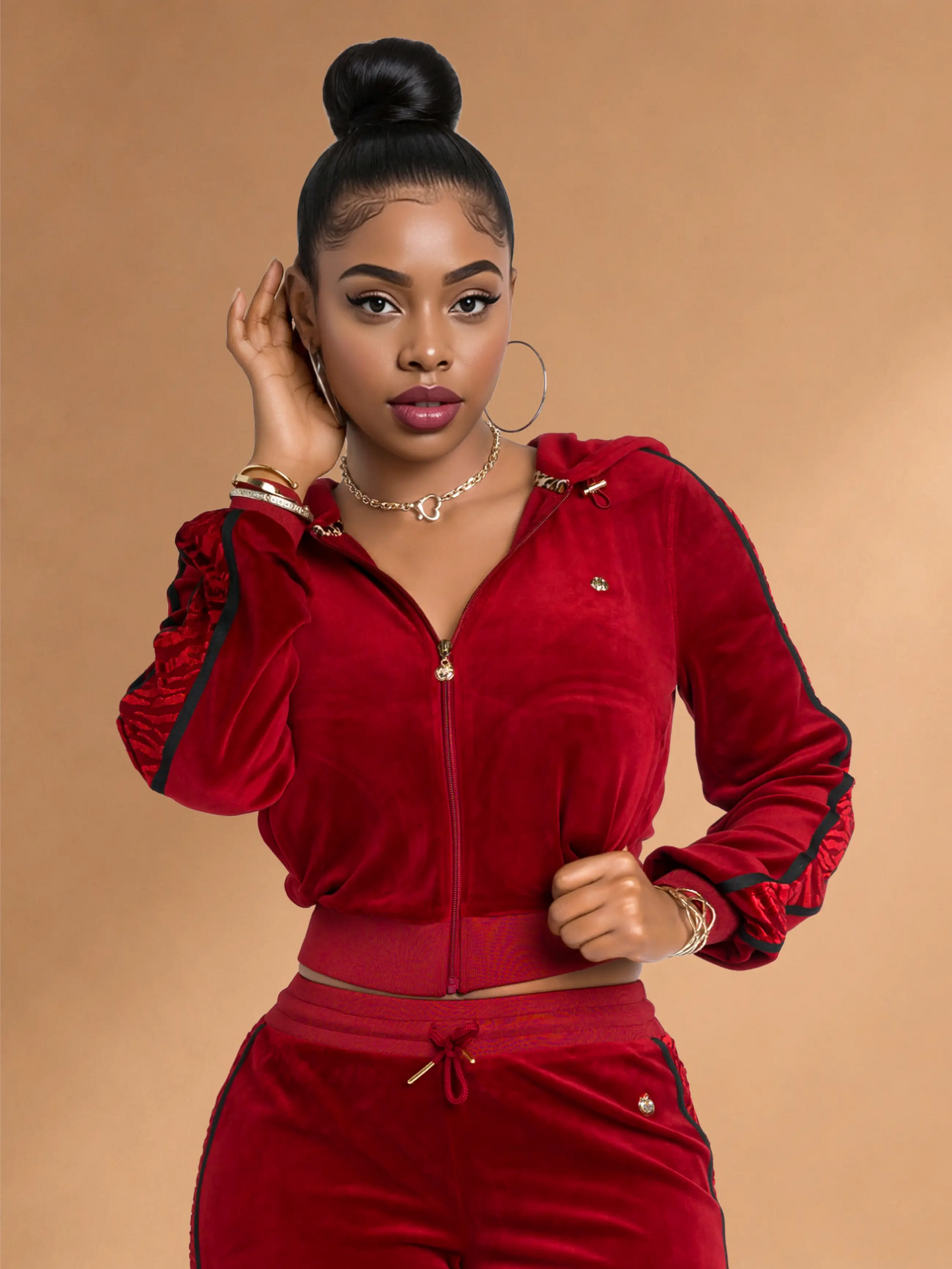 Red with Burnout Trim | Apple Bottoms - AHK-4246 - Velour Hooded Jacket - 2
