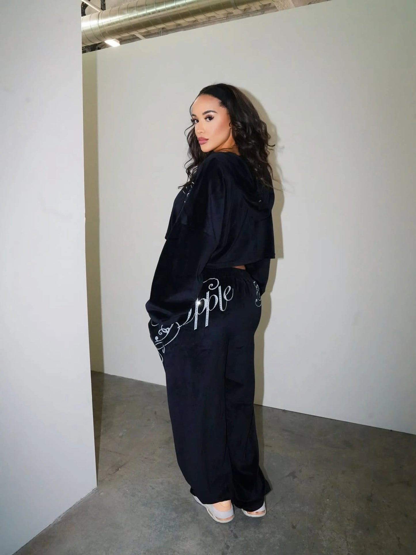Black | Apple Bottoms - Velour Wide Leg Track Pants - Black - UGC - 3