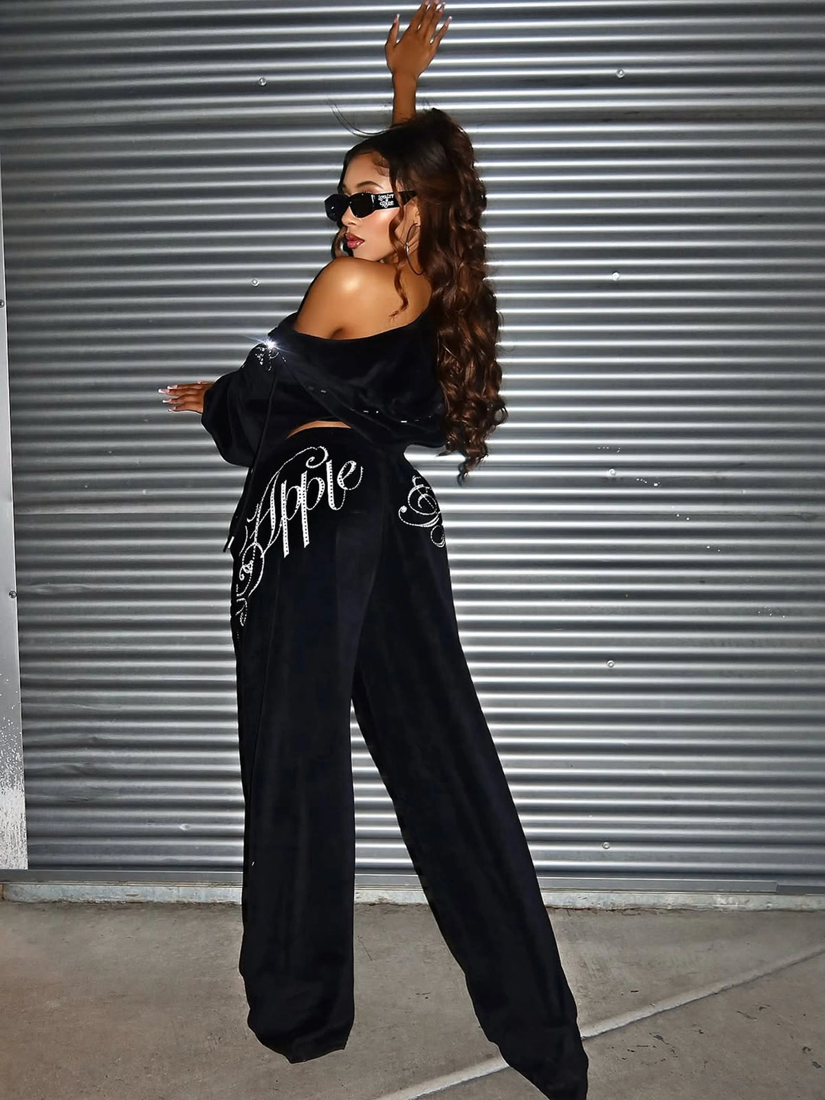 Apple Bottoms - Velour Wide Leg Track Pants - Black - UGC - 7
