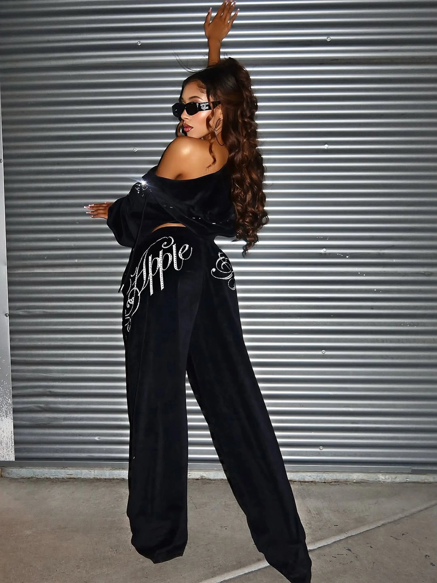 Black | Apple Bottoms - Velour Wide Leg Track Pants - Black - UGC - 7