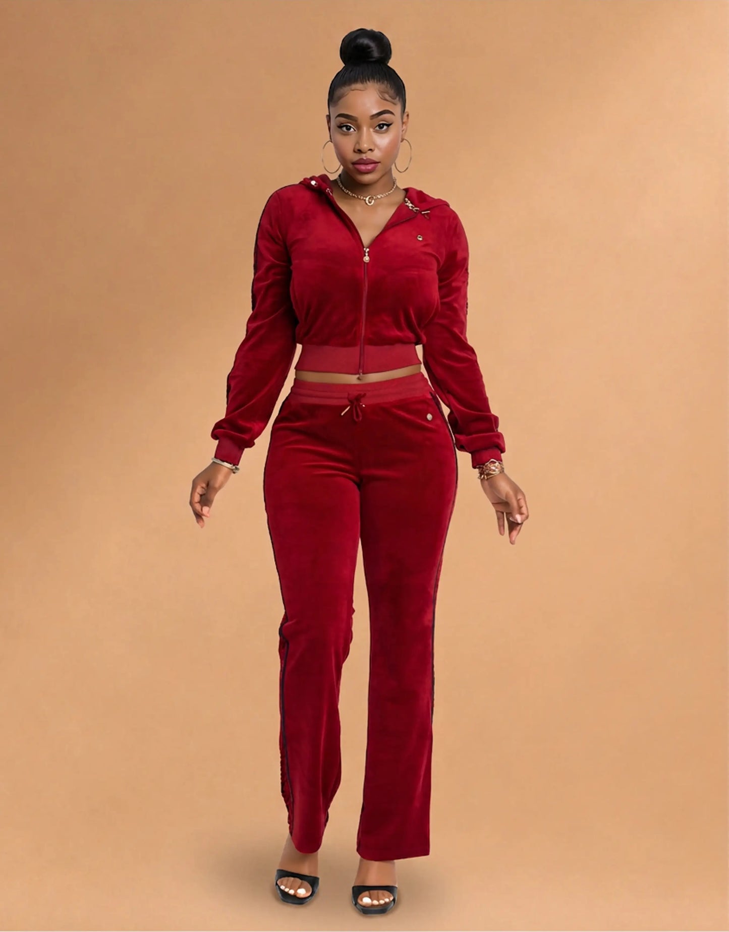 Red with Burnout Trim | Apple Bottoms - AHK-4247 - Velour Sweatpants Burnout Trim - 1