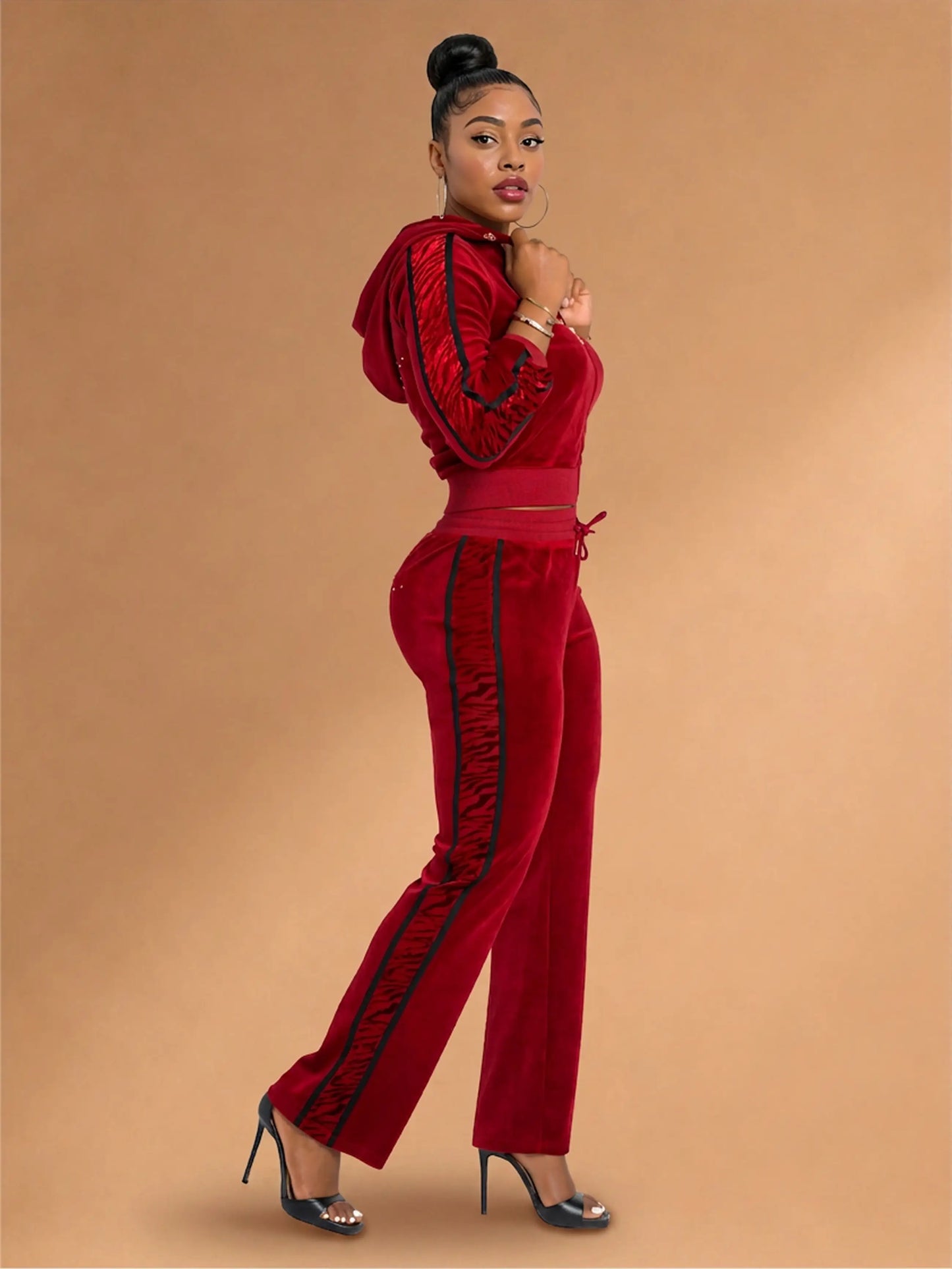 Red with Burnout Trim | Apple Bottoms - AHK-4247 - Velour Sweatpants Burnout Trim - 3