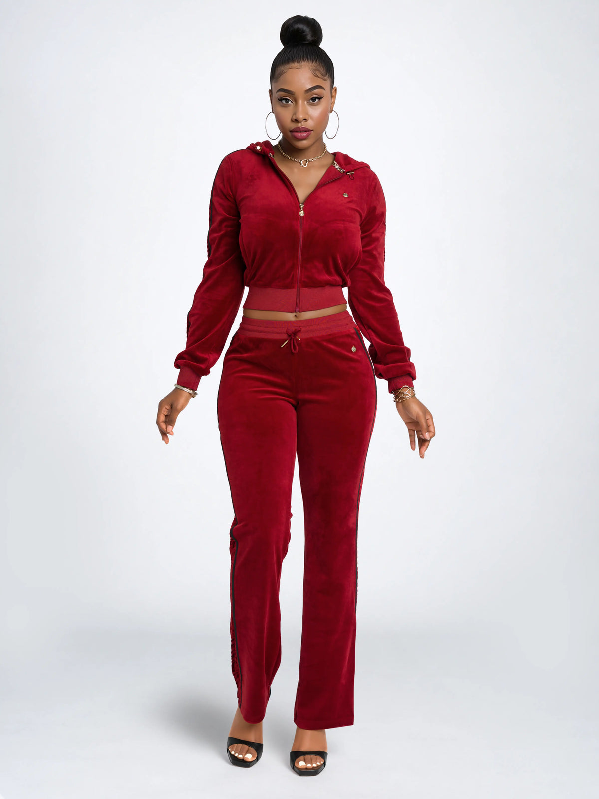 Red with Burnout Trim | Apple Bottoms - AHK-4247 - Velour Sweatpants Burnout Trim - 3
