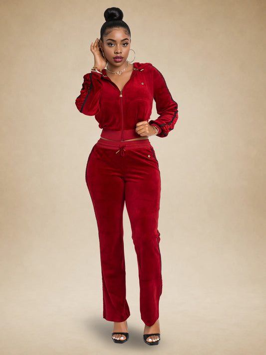 Red with Burnout Trim | Apple Bottoms - AHK-4247 - Velour Sweatpants Burnout Trim - 1