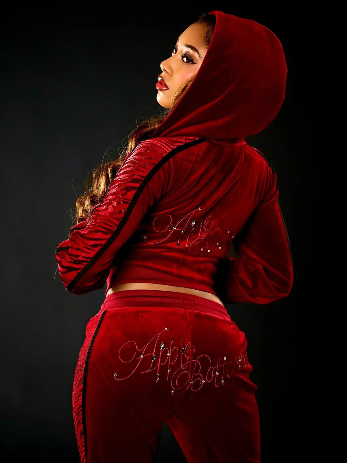 Red with Burnout Trim | Apple Bottoms - AHK-4247 - Velour Sweatpants Burnout Trim - UGC - 2