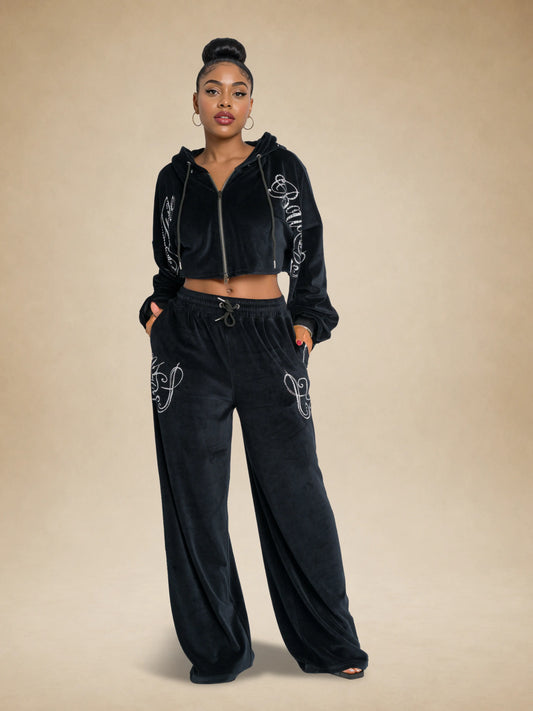 Black | Apple Bottoms -Velour Wide Leg Track Pants - Black - 1