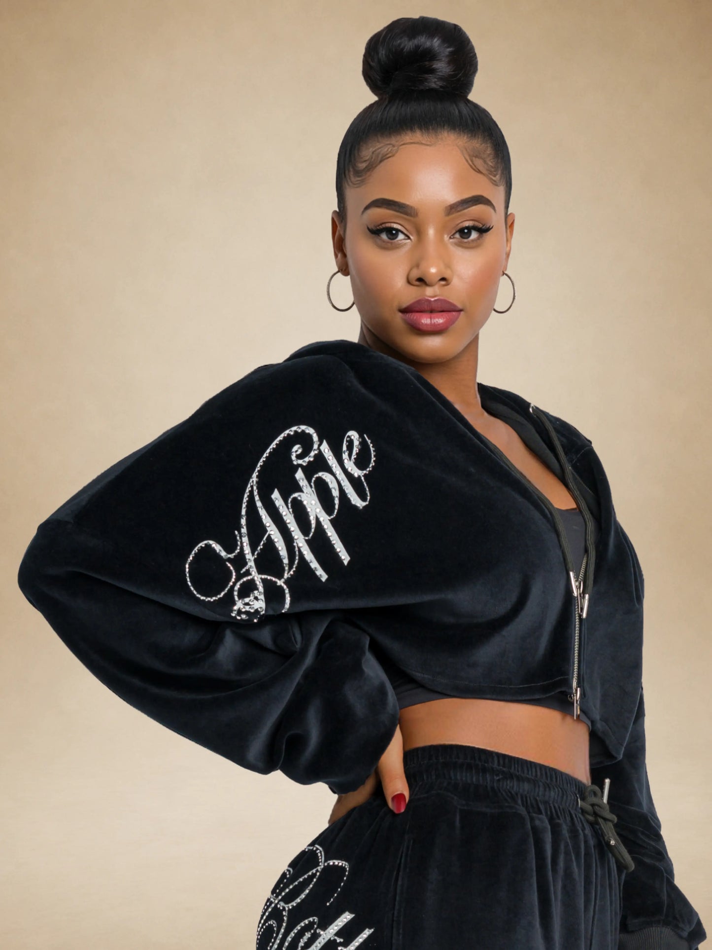 Black | Apple Bottoms -Velour Wide Leg Track Pants - Black - 2