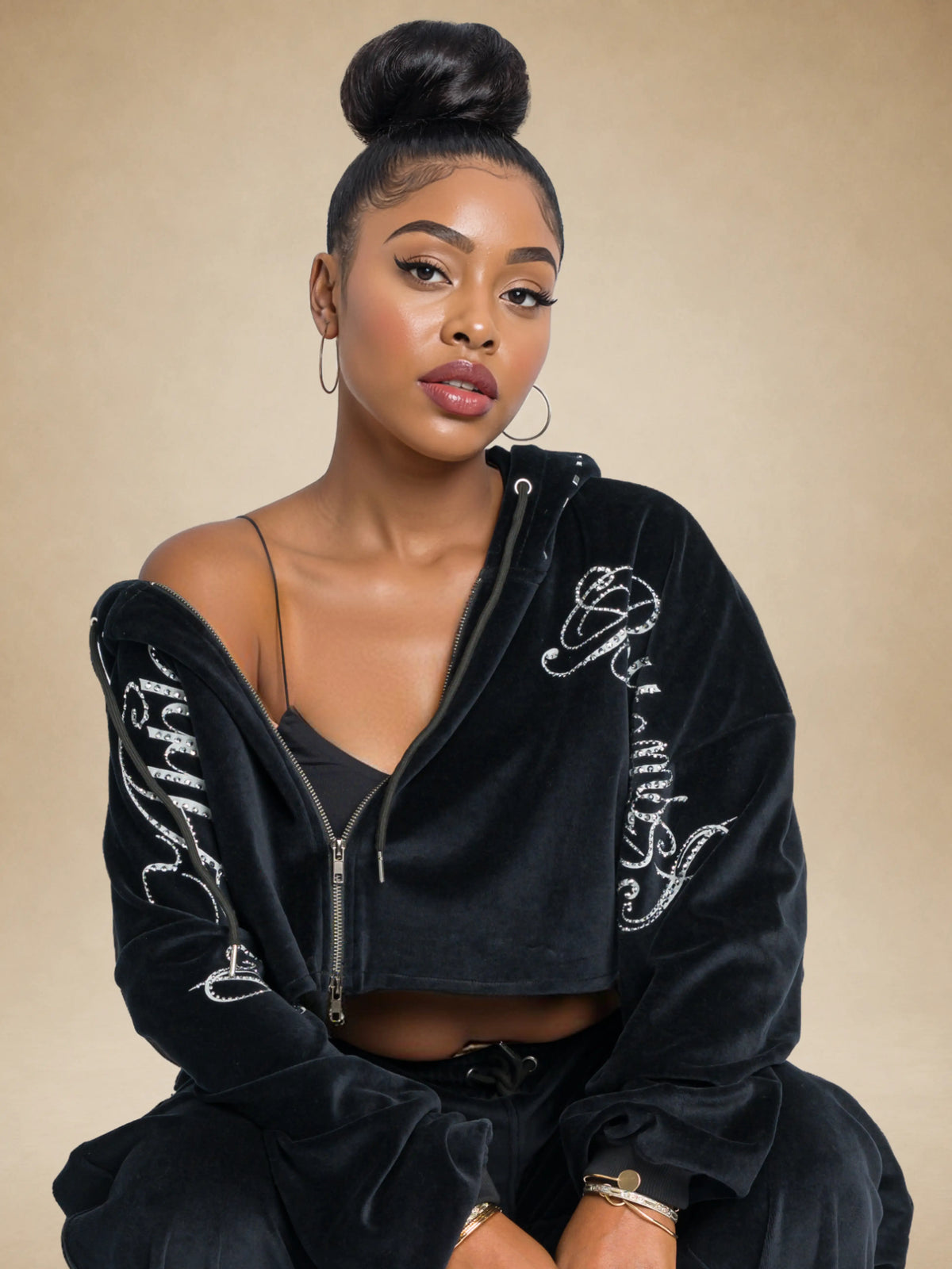 Black | Apple Bottoms -Velour Wide Leg Track Pants - Black - 3