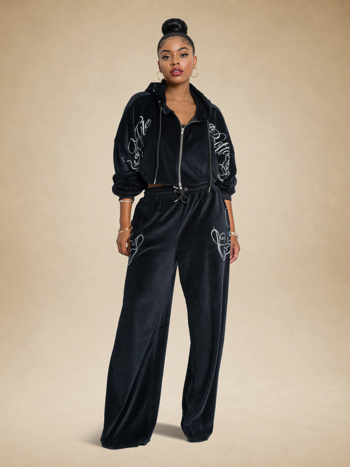 Black | Apple Bottoms -Velour Wide Leg Track Pants - Black - 5