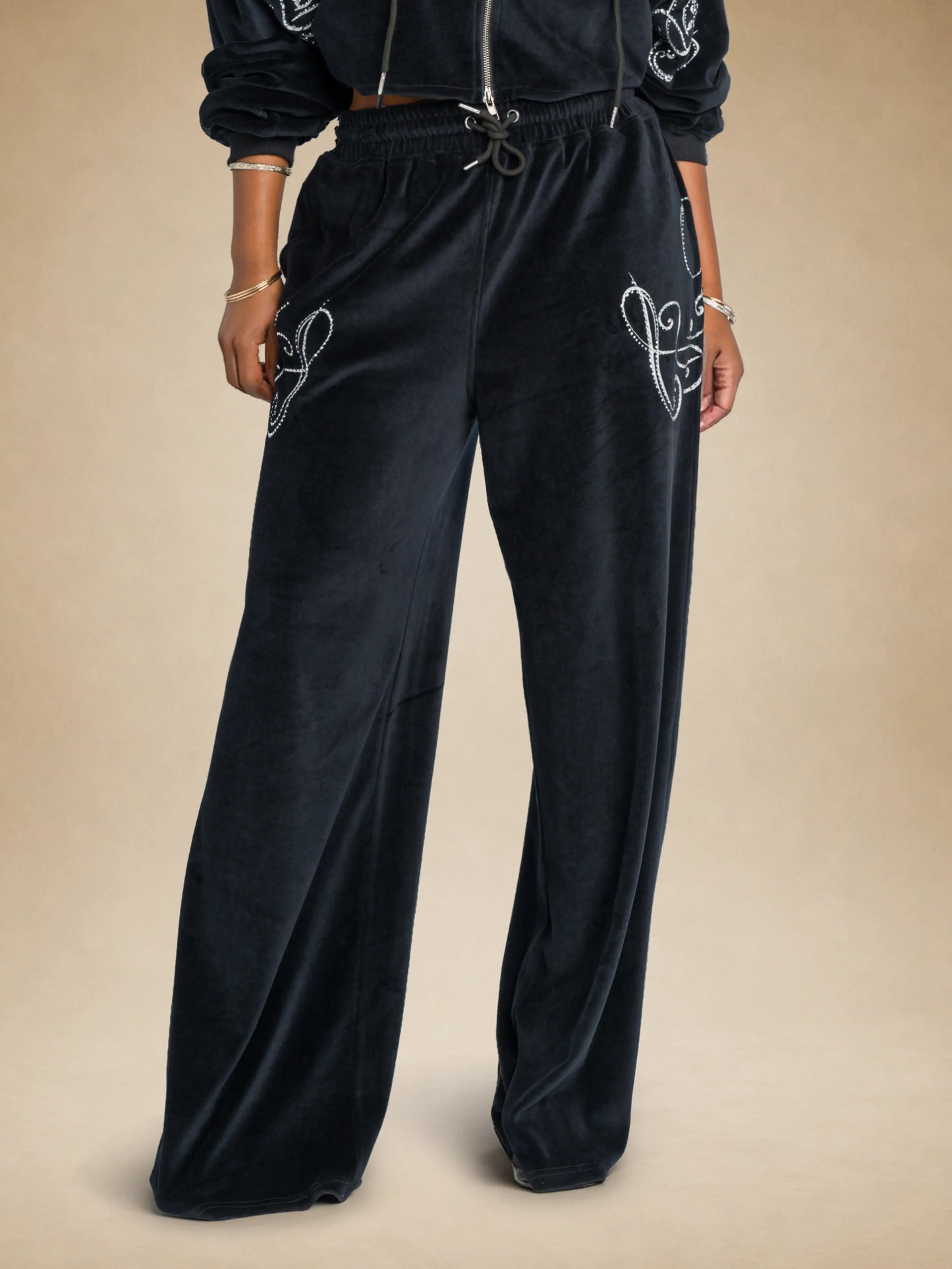 Black | Apple Bottoms -Velour Wide Leg Track Pants - Black - 6