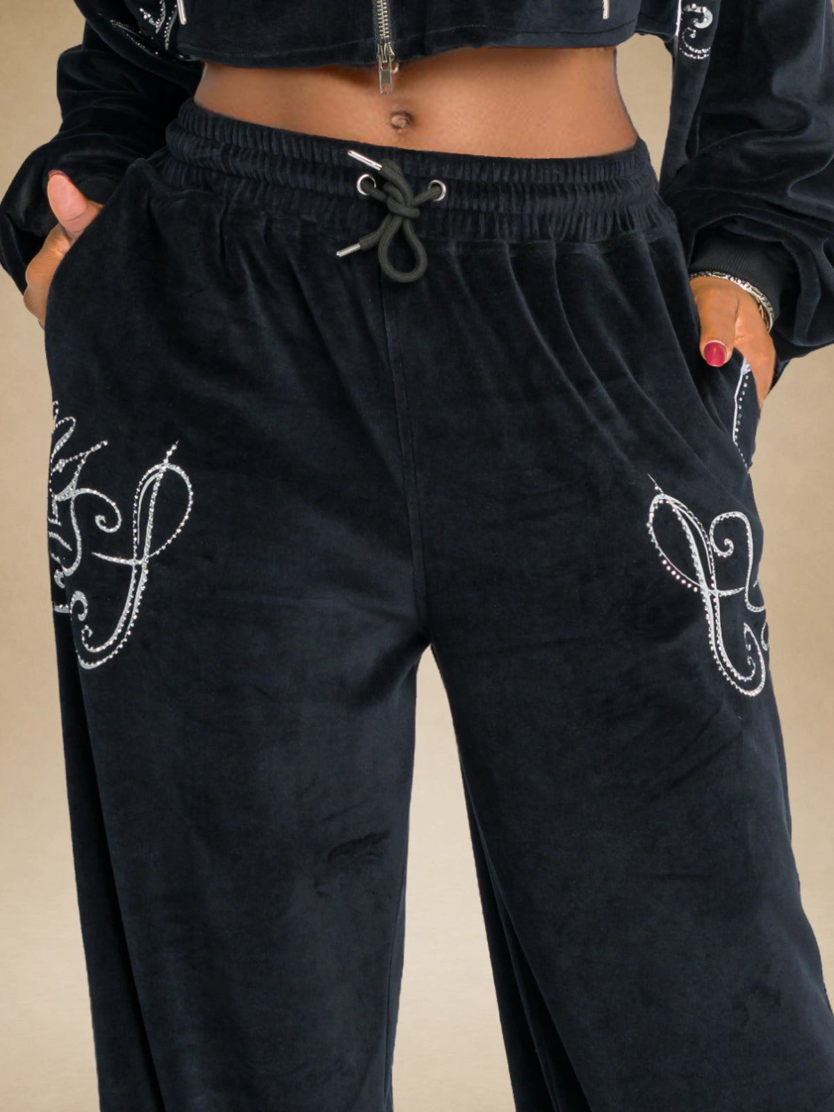 Black | Apple Bottoms -Velour Wide Leg Track Pants - Black - 8