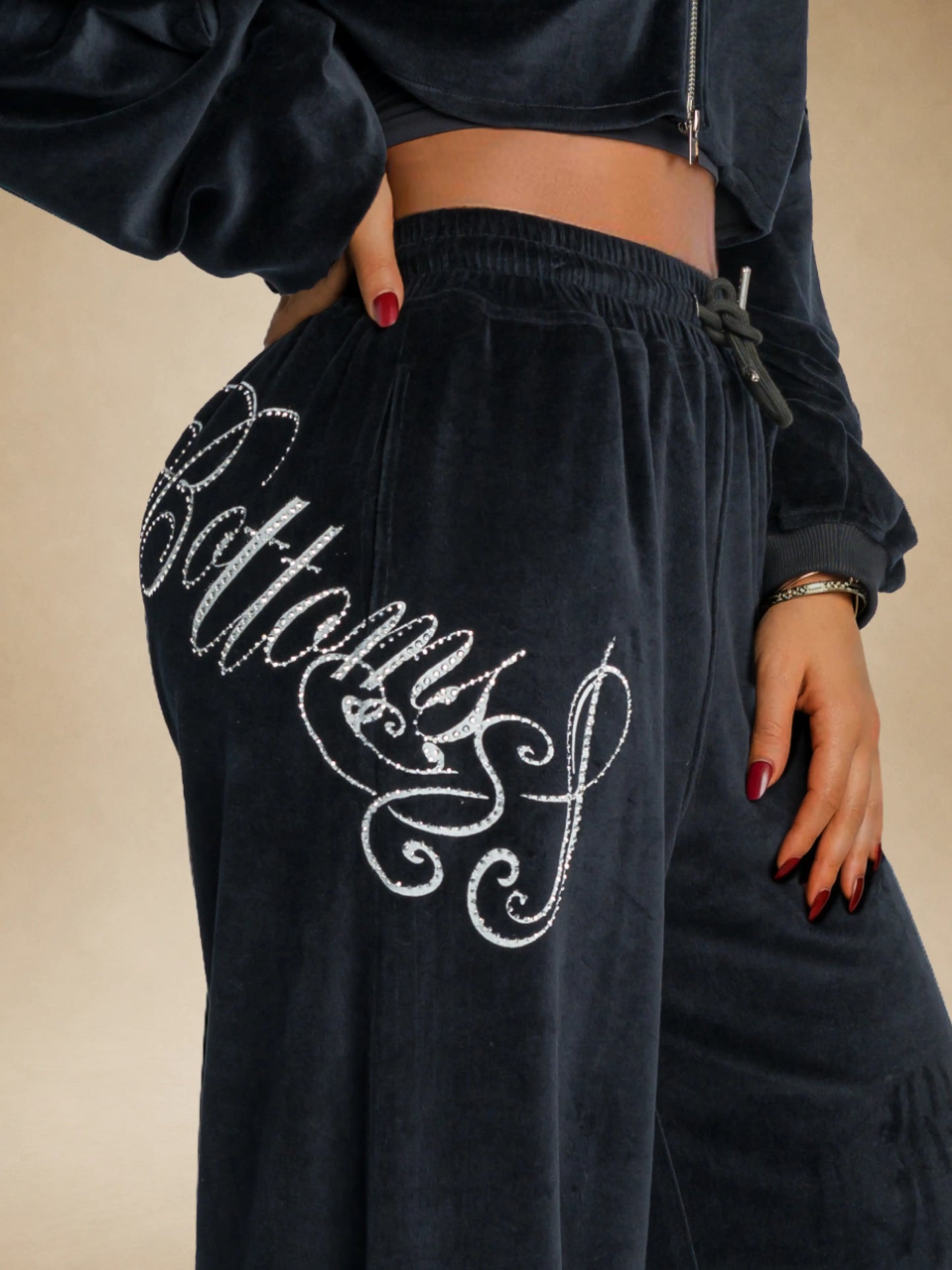 Black | Apple Bottoms -Velour Wide Leg Track Pants - Black - 7