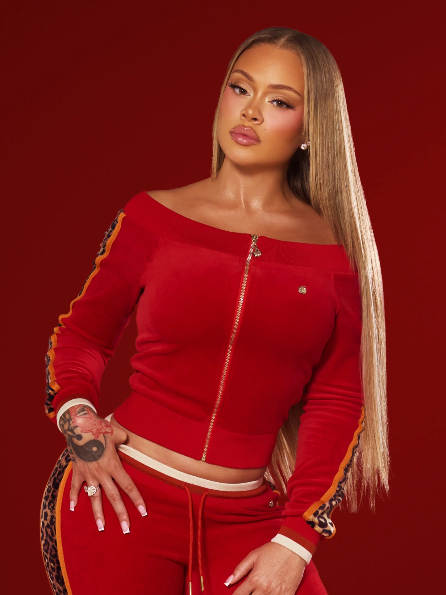 Apple Bottoms - Off Shoulder Velour Jacket - Red - 1