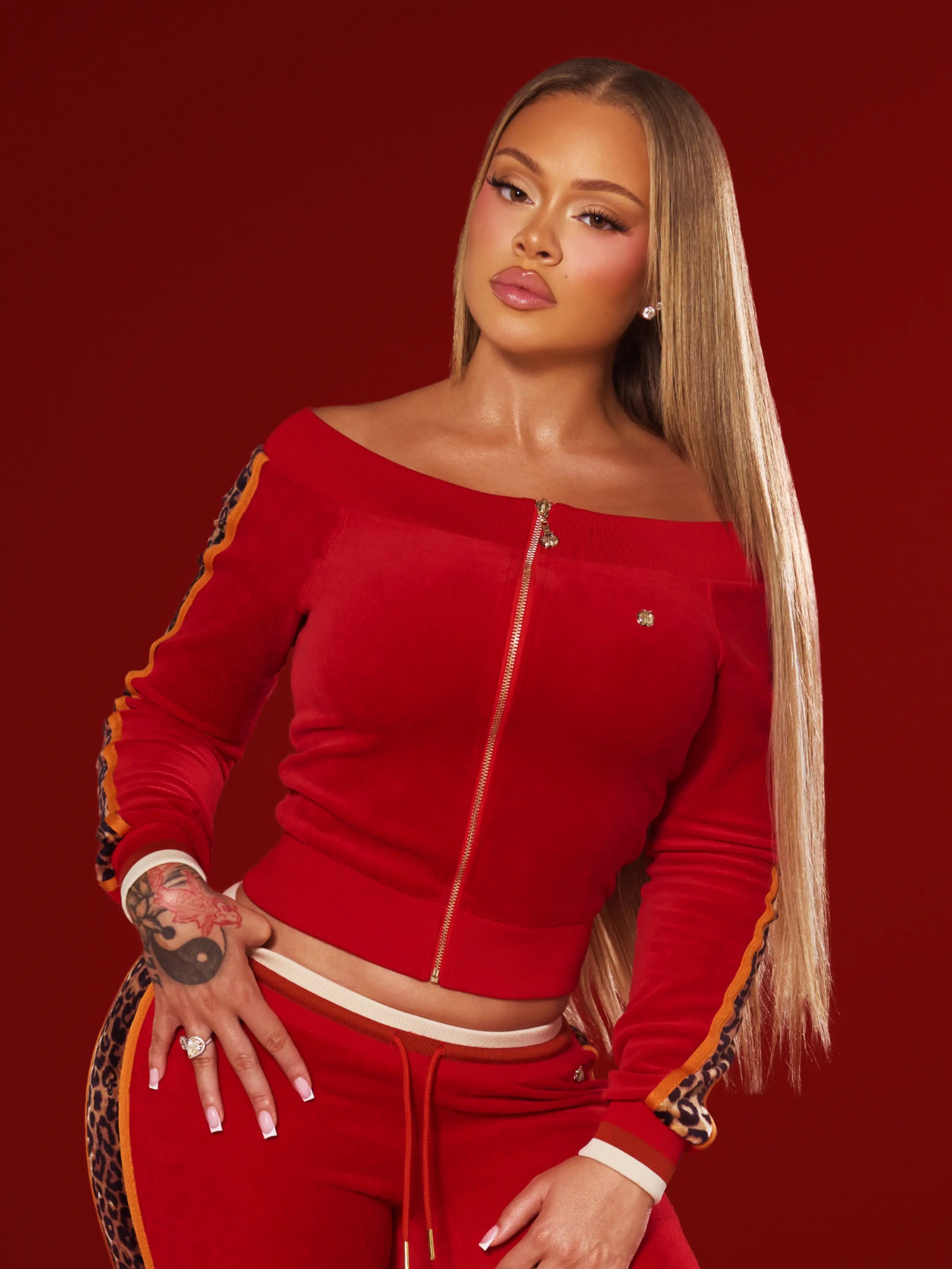 Apple Bottoms - Off Shoulder Velour Jacket - Red - 1