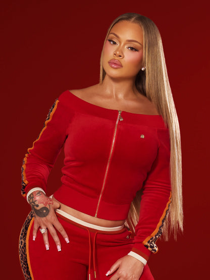 Apple Bottoms - Off Shoulder Velour Jacket - Red - 1