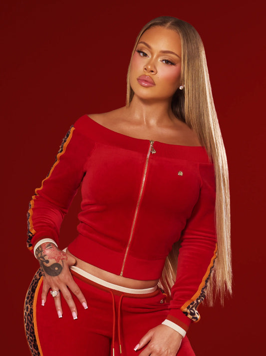 Apple Bottoms - Off Shoulder Velour Jacket - Red - 1