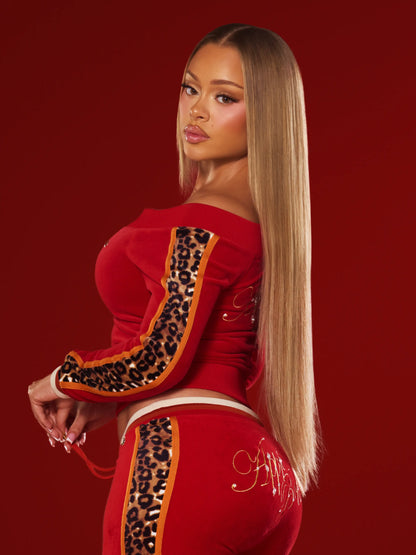 Apple Bottoms - Off Shoulder Velour Jacket - Red - 4