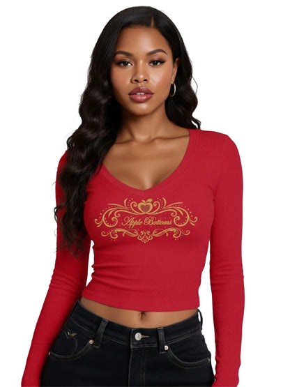 V-Neck Long Sleeve Ribbed Top