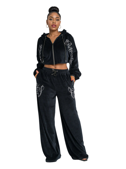 Apple Bottoms -Velour Wide Leg Track Pants - Black - 1