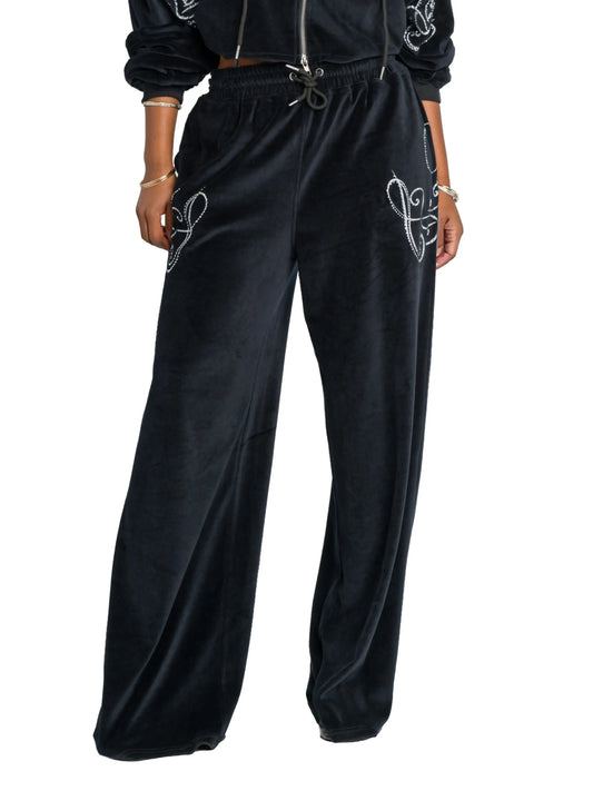 Apple Bottoms -Velour Wide Leg Track Pants - Black - 5