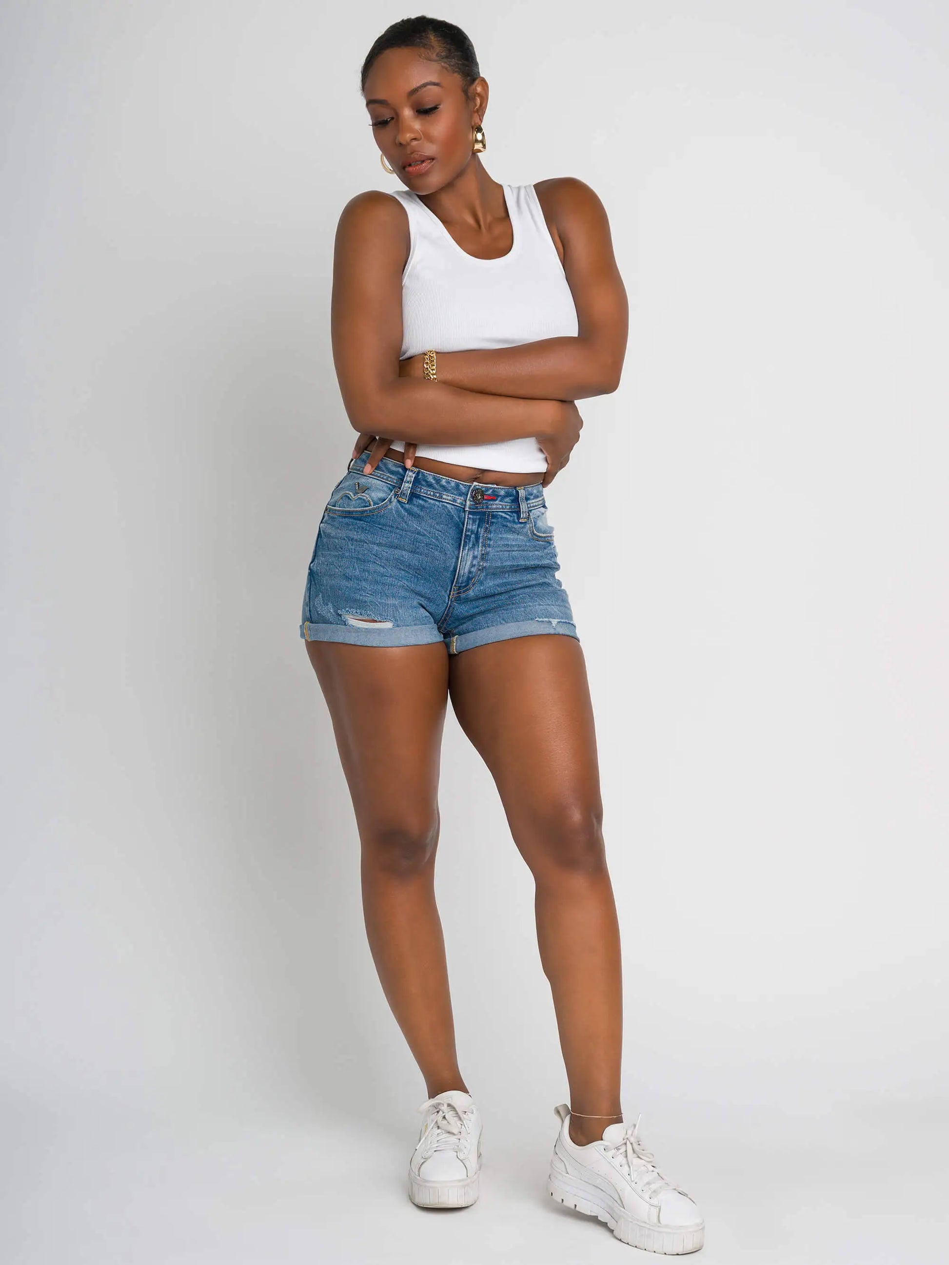 Forbidden Fit Destructed Roll Cuff Shorts - Medium Wash