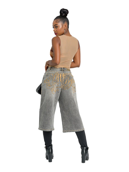 Asymmetric Wide Leg Jort - Slate Wash