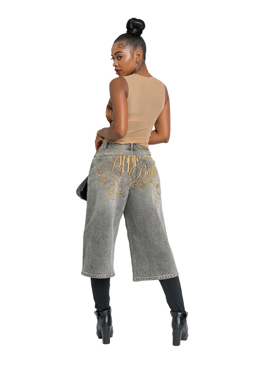 Asymmetric Wide Leg Jort - Slate Wash