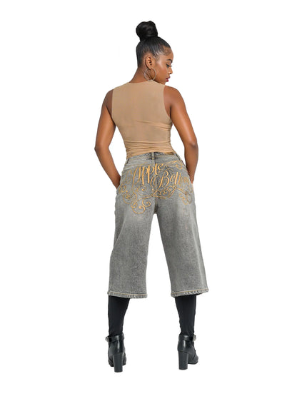 Asymmetric Wide Leg Jort - Slate Wash