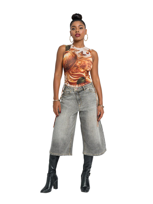 Asymmetric Wide Leg Jort - Slate Wash