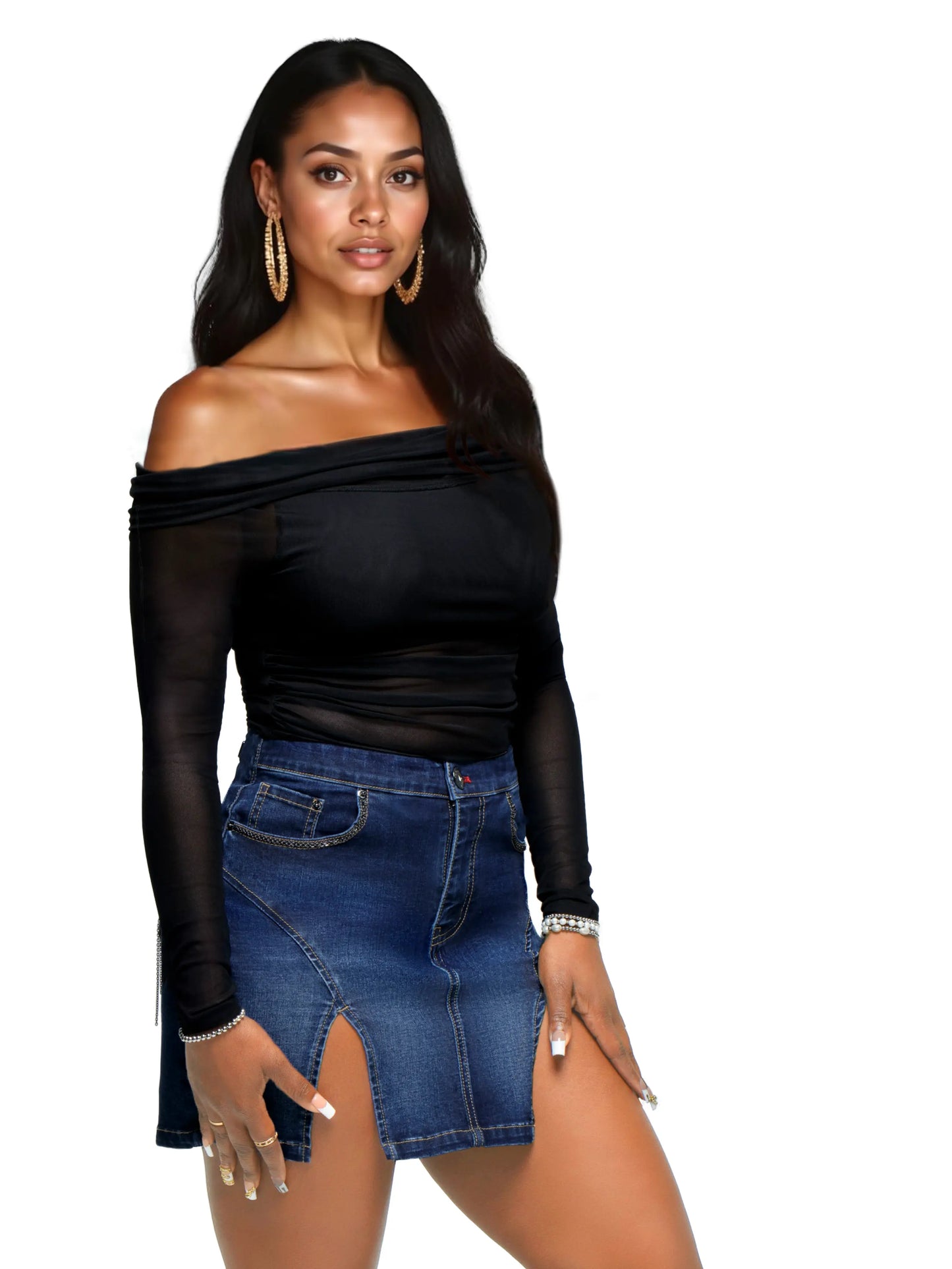 Apple Bottoms - Off Shoulder Mesh Top - Black - 1