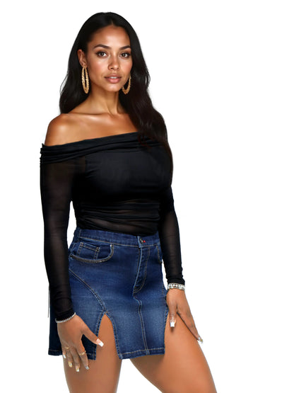 Apple Bottoms - Off Shoulder Mesh Top - Black - 1