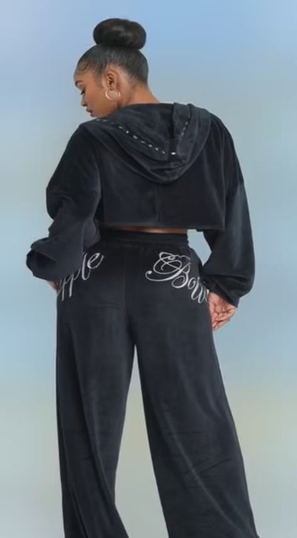 Velour Wide Leg Track Pants - Black